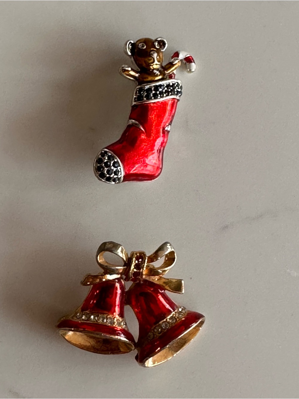 Gold-Tone Red Enamel Holiday Brooch Set with Teddy & Bells